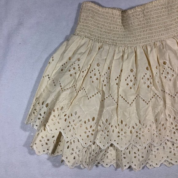 Zara Womens XS Tiered Eyelet Skirt 100% Cotton Cream Pale Yellow - Picture 8 of 14